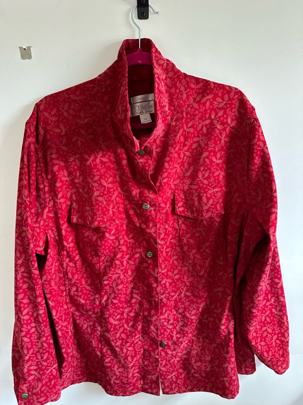 CJ Banks Red Floral Button-Front Jean Jacket